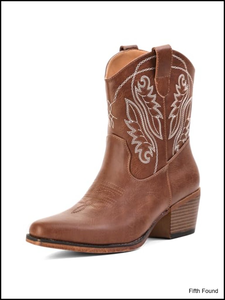 Faux Leather Embroidered Snip Toe Chunky Heel Cowgirl Booties